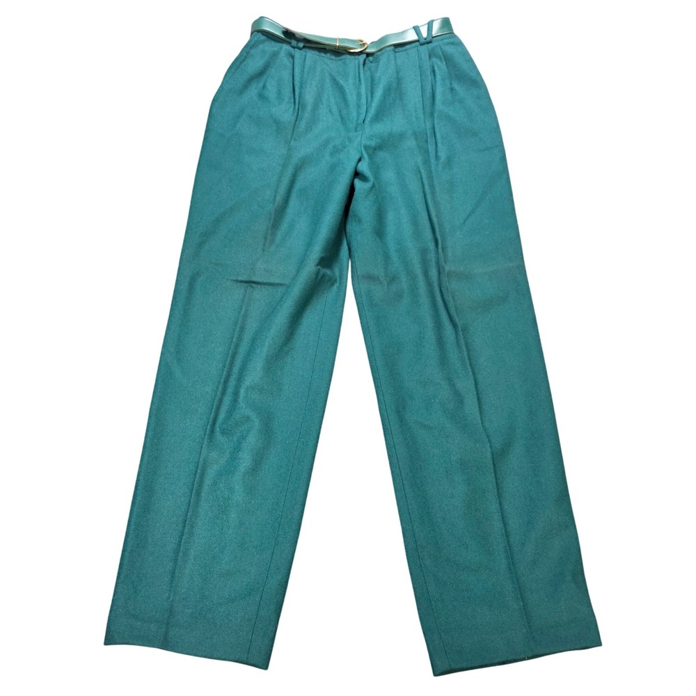 Vintage Personal‎ Wool Pleated Belted Pants Women's Size 18 Green Straight Leg